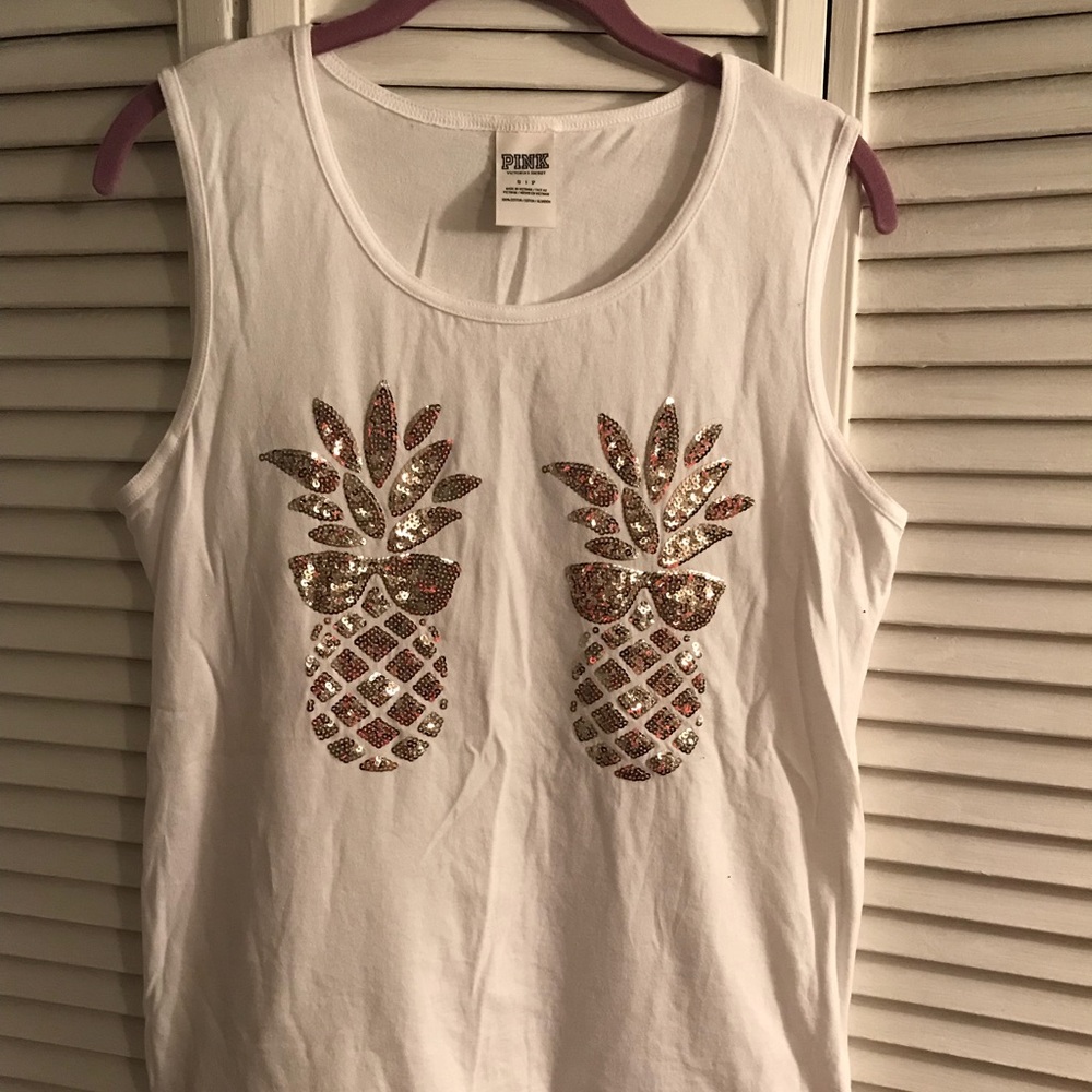 PINK White tank top gold sequin pineapples small